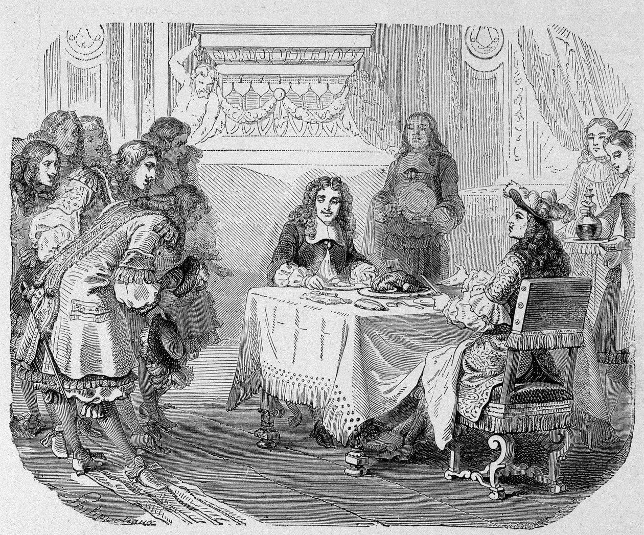 „Sie sehen mich, meine Herren“, sagte der König, „ich bin beschäftigt, Molière zu essen“: Ludwig XIV. und Molière am Tisch - in „Paris durch die Jahrhunderte“ von Unknown artist
