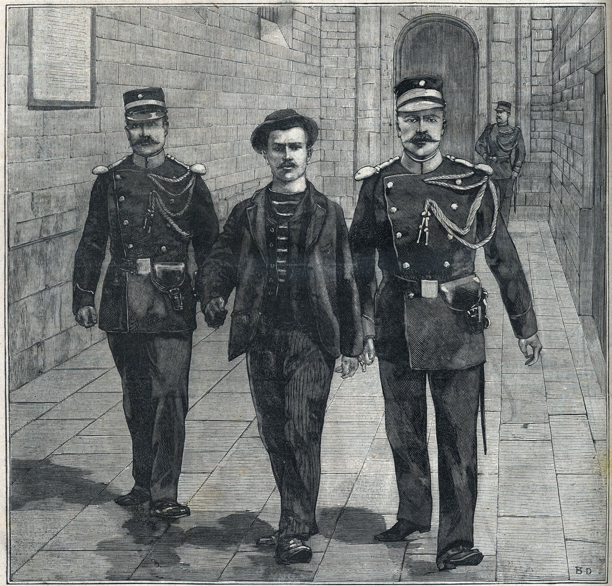 Der italienische Anarchist Luigi Luccheni (Lucheni), Mörder der Kaiserin Elisabeth von Österreich (Sissi), vor Gericht im Jahr 1898. von Unknown artist