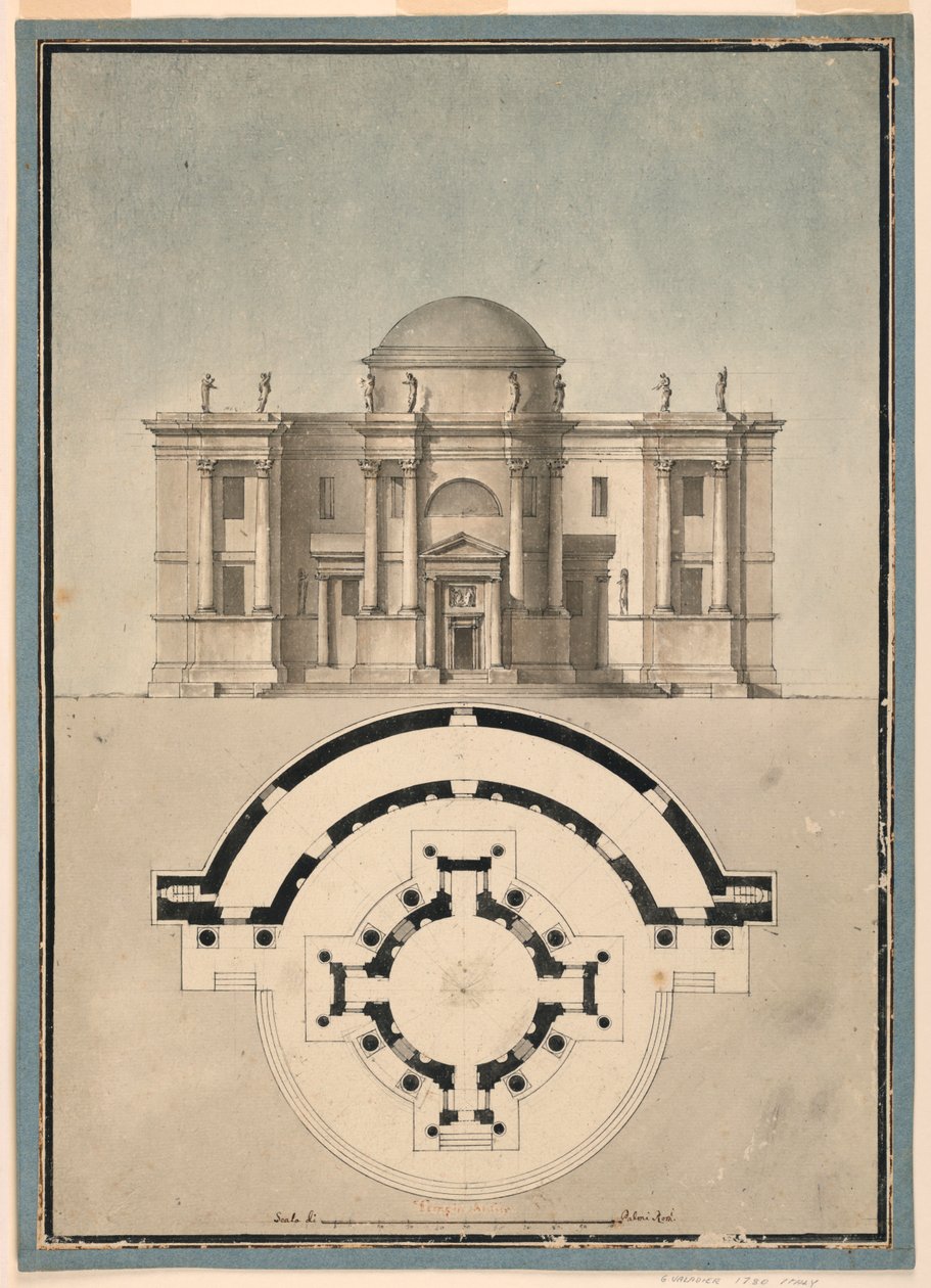 Entwurf für einen klassischen Tempel mit einem Tempietto und einer halbkreisförmigen Ädikula von Unknown, Italian