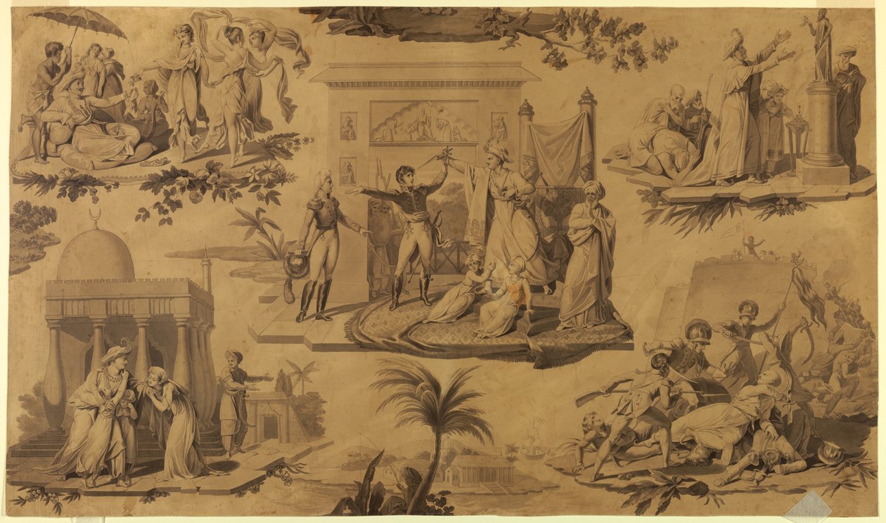 Zeichnung, Cartoon für bedruckten Baumwollstoff: Die Franzosen in Ägypten [Les Francais en Egypte], ca. 1815 von Unknown artistUnknown artist