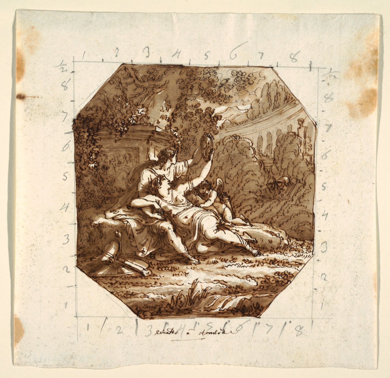 Zeichnung, Deckengestaltung mit Rinaldo und Armida, Palazzo Milzetti, Faenza, 1804–05 von Unknown artistUnknown artist