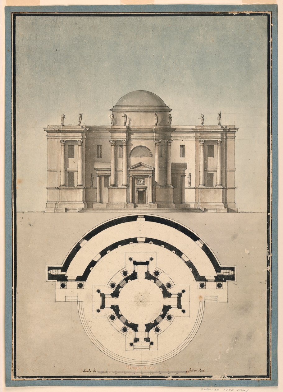Zeichnung, Entwurf für einen klassischen Tempel mit Tempietto und halbkreisförmigem Ädikula, ca. 1780 von Unknown artistUnknown artist