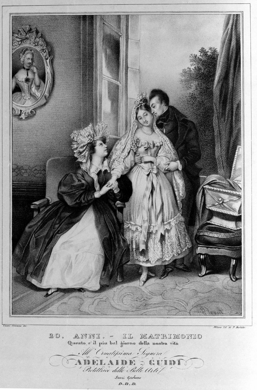 20 Jahre: Ehe. Darstellung eines frisch verheirateten Paares. Lithographie aus dem 19. Jahrhundert. von Unknown artist