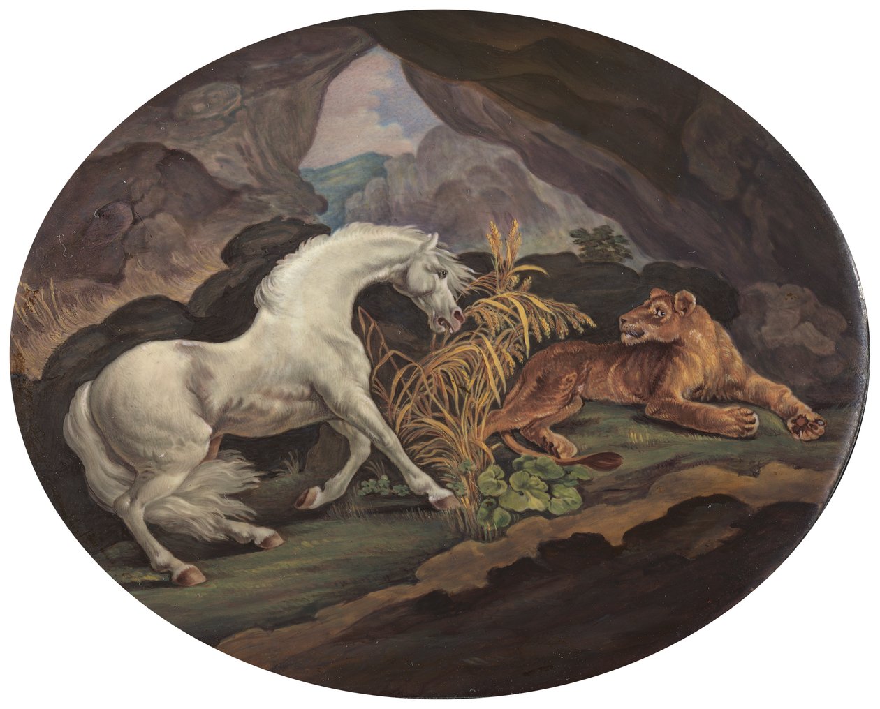 Ein Pferd erschreckt durch eine Löwin von Unknown artist
