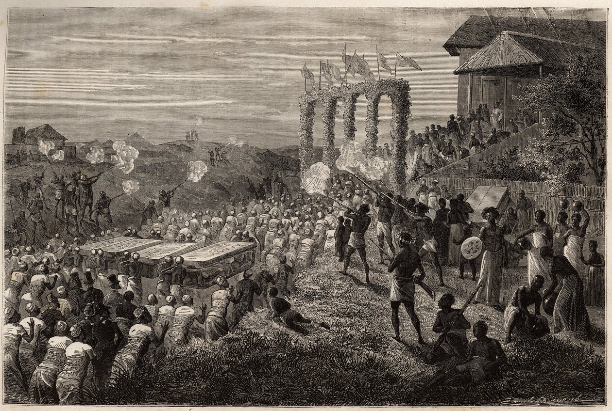 Ein Hochzeitszug in Tete (Mosambik). Gravur zur Illustration der ersten Reisen von Dr. Livingstone nach Südafrika von 1840 bis 1856, in „Le tour du monde, nouveau journal des voyages“ herausgegeben unter der Leitung von Edouard Charton von Unknown artist