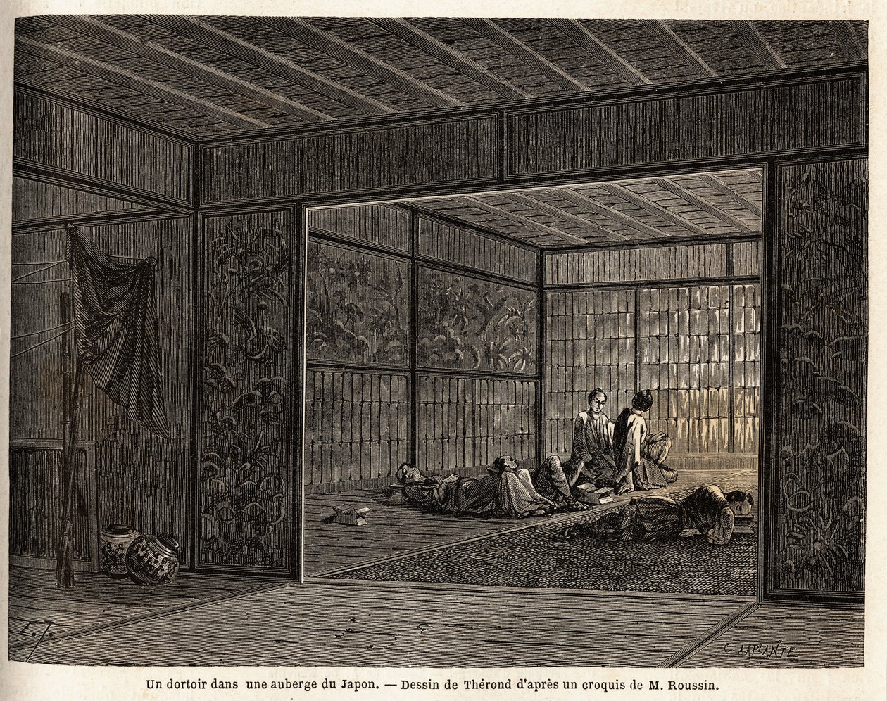 Ein Schlafsaal in einem Gasthaus in Japan. Gravur zur Illustration der Reise nach Japan 1863-1864, von Aime Humbert, Minister der Schweizerischen Eidgenossenschaft, in „Le tour du monde, nouveau journal des voyages“, veröffentlicht unter der Leitung von Ed von Unknown artist