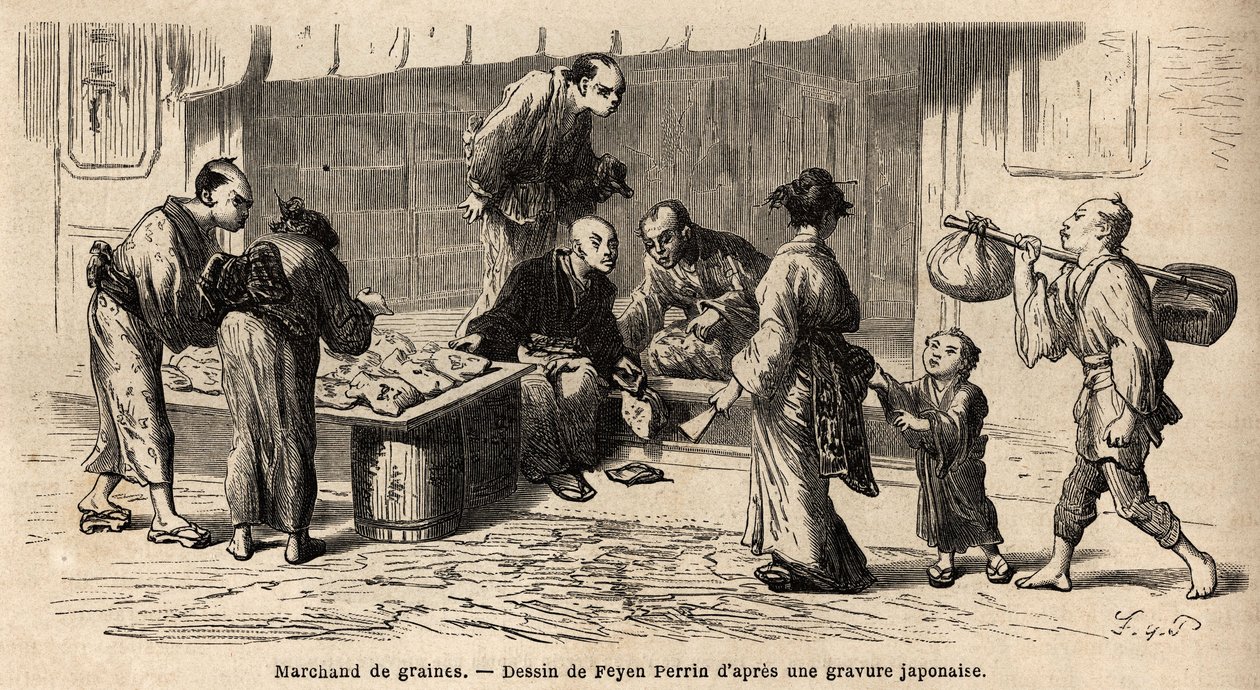 Ein Samenhändler mitten auf der Straße. Gravur zur Illustration der Reise nach Japan, in den Jahren 1863-1864, von Aime Humbert, Minister der Schweizerischen Eidgenossenschaft, in „Le tour du monde, nouveau journal des voyages“ veröffentlicht unter der Lei von Unknown artist