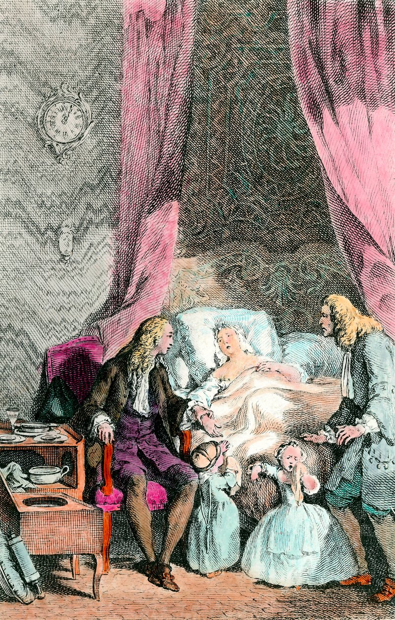 Ein beobachtender Arzt. Eine kranke oder bereits verstorbene Frau ist von ihrer Familie und dem Arzt umgeben. Die Kinder weinen. (Kupferstich um 1780) von Unknown artist