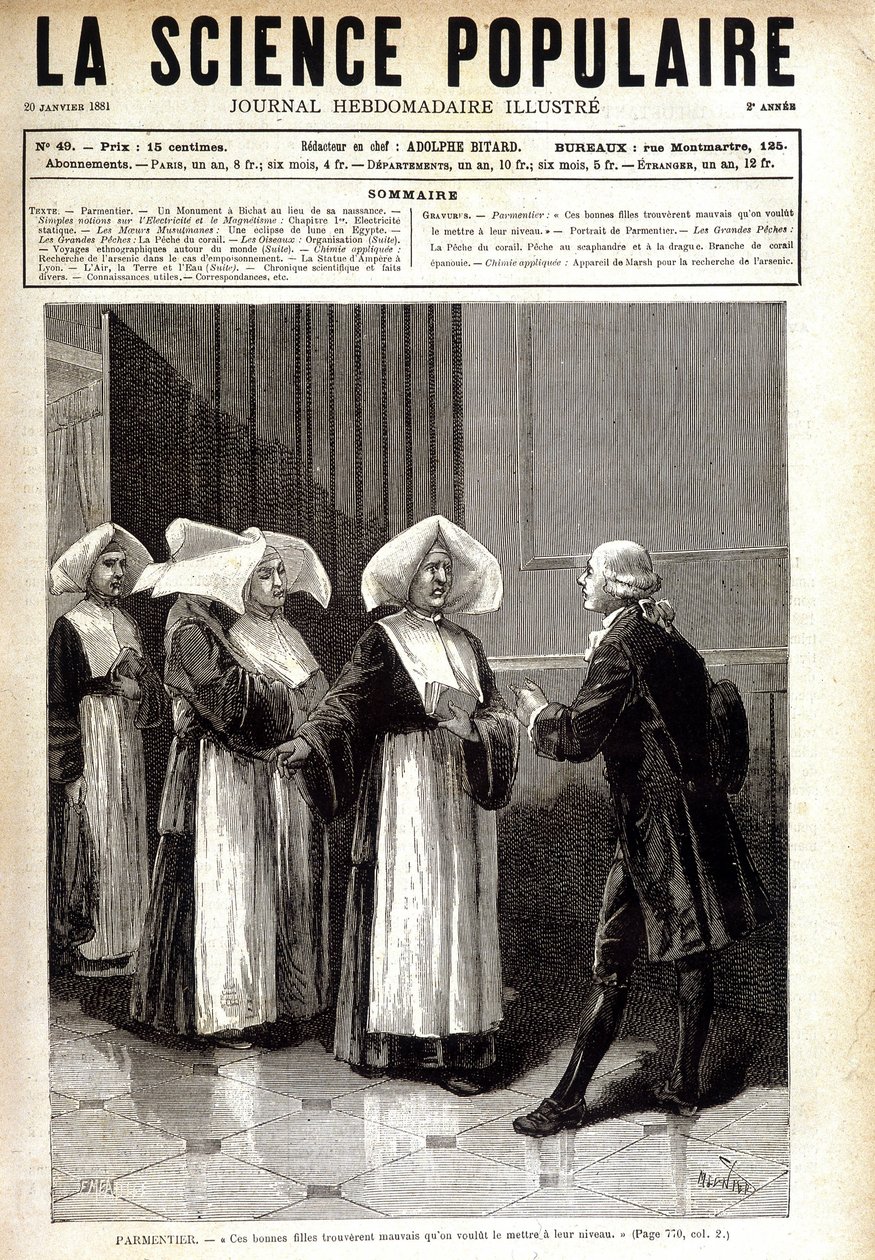 Antoine Augustin Parmentier (1737 - 1813), Apotheker, bekannt für die Verbreitung des Kartoffelanbaus in Frankreich, spricht zu Nonnen. in „La science populaire“ 20/01/1881 von Unknown artist