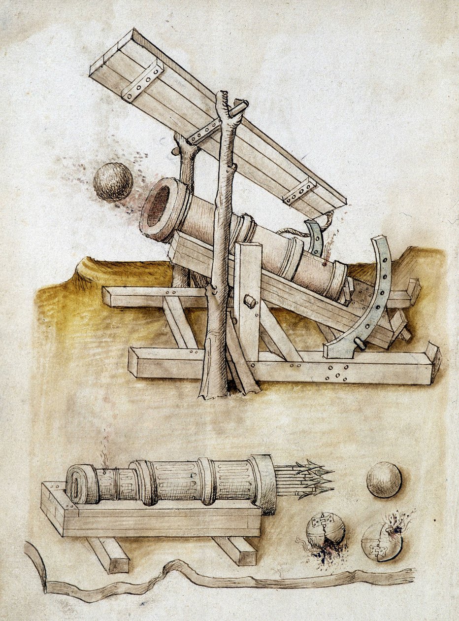 Kugelkanone und Pfeilkanone - Manuskript: Pergamentblatt eines Ingenieurhandbuchs für den Bau ziviler, religiöser und militärischer Gebäude, anonym, spätes 15. Jahrhundert (Figur in chinesischer Tinte) von Unknown artist