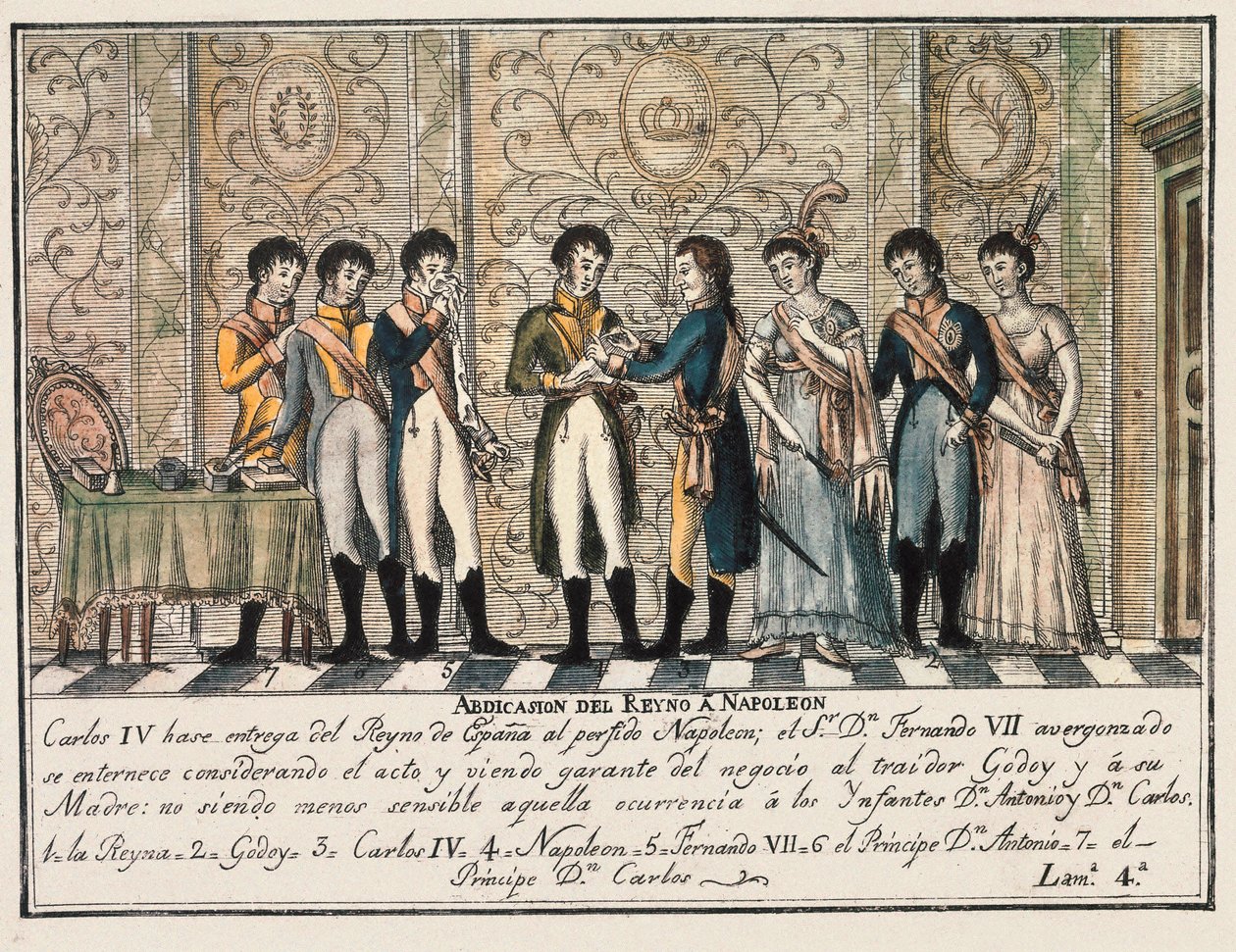 Bayonnes Interview 1808 nach dem Aufstand von Aranjuez, der zur Abdankung von König Karl IV. von Spanien führte und den Thron an Napoleon I. übergab, bevor sein Sohn Ferdinand VII. (Fernando VII) ihn übernahm von Unknown artist