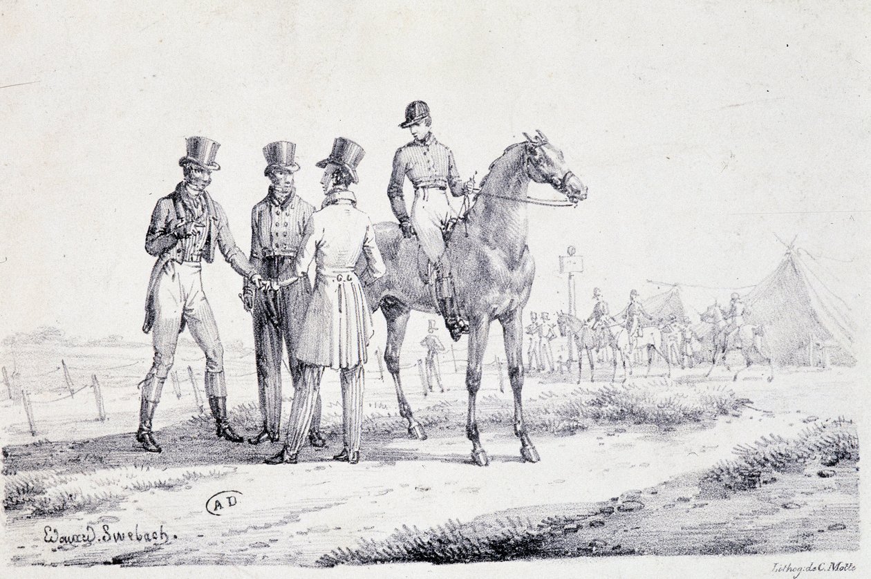 Wette am Rand des Rennfeldes mit einem Jockey zu Pferd (Lithographie, Anfang 19. Jahrhundert) von Unknown artist