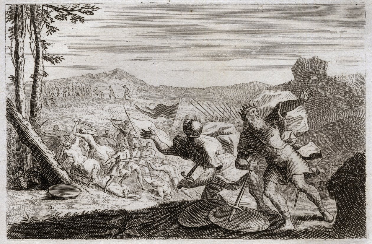 Bibel von Royaumont, Altes Testament: Niederlage von Saul. Sauls Armee wurde von den Philistern besiegt. Seine drei Kinder wurden dort getötet, und nachdem er im Kampf schwer verletzt worden war, tötete er sich selbst. Illustration von 1811. von Unknown artist