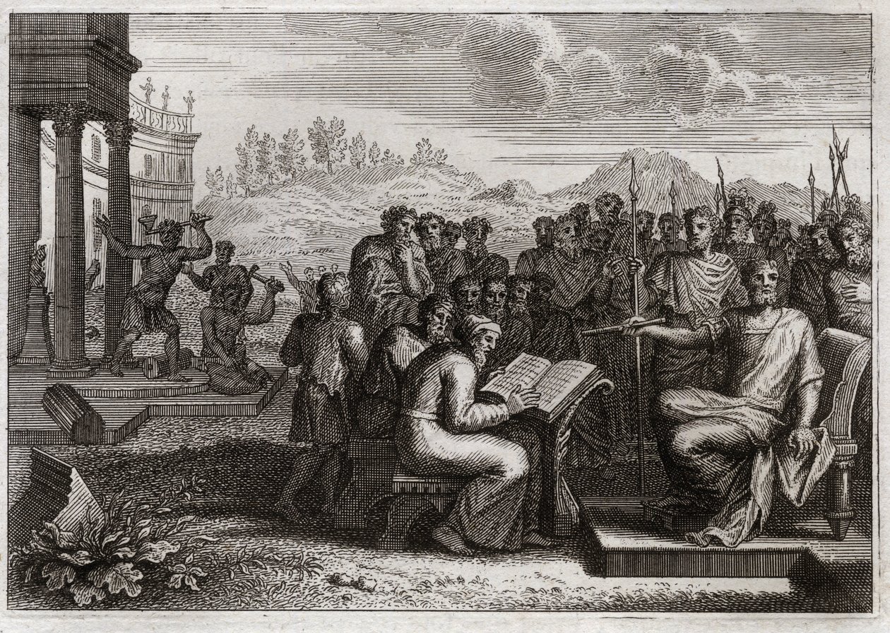 Bibel von Royaumont, Altes Testament: Frömmigkeit von Josias. Josia, König von Juda, stellt den Gottesdienst in seinem Königreich wieder her und übertrifft alle seine Vorgänger an Tugend. Illustration von 1811. von Unknown artist