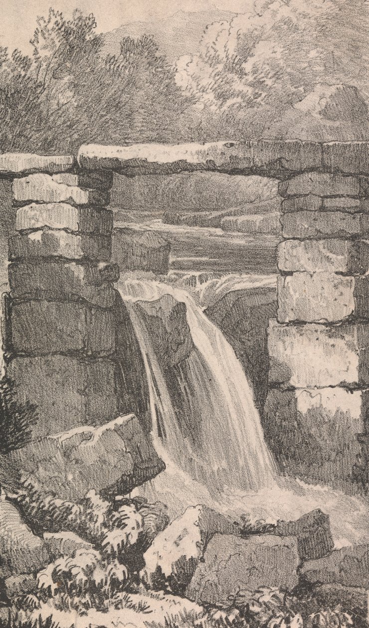 Brücke über Wasserfall von Unknown artist