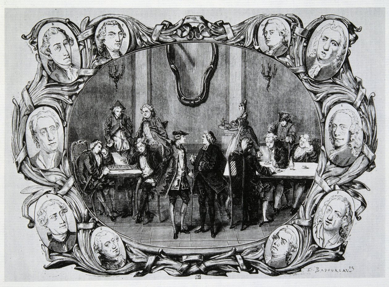 Café Procope in Paris im 18. Jahrhundert mit Buffon, Gilbert, Diderot, D
