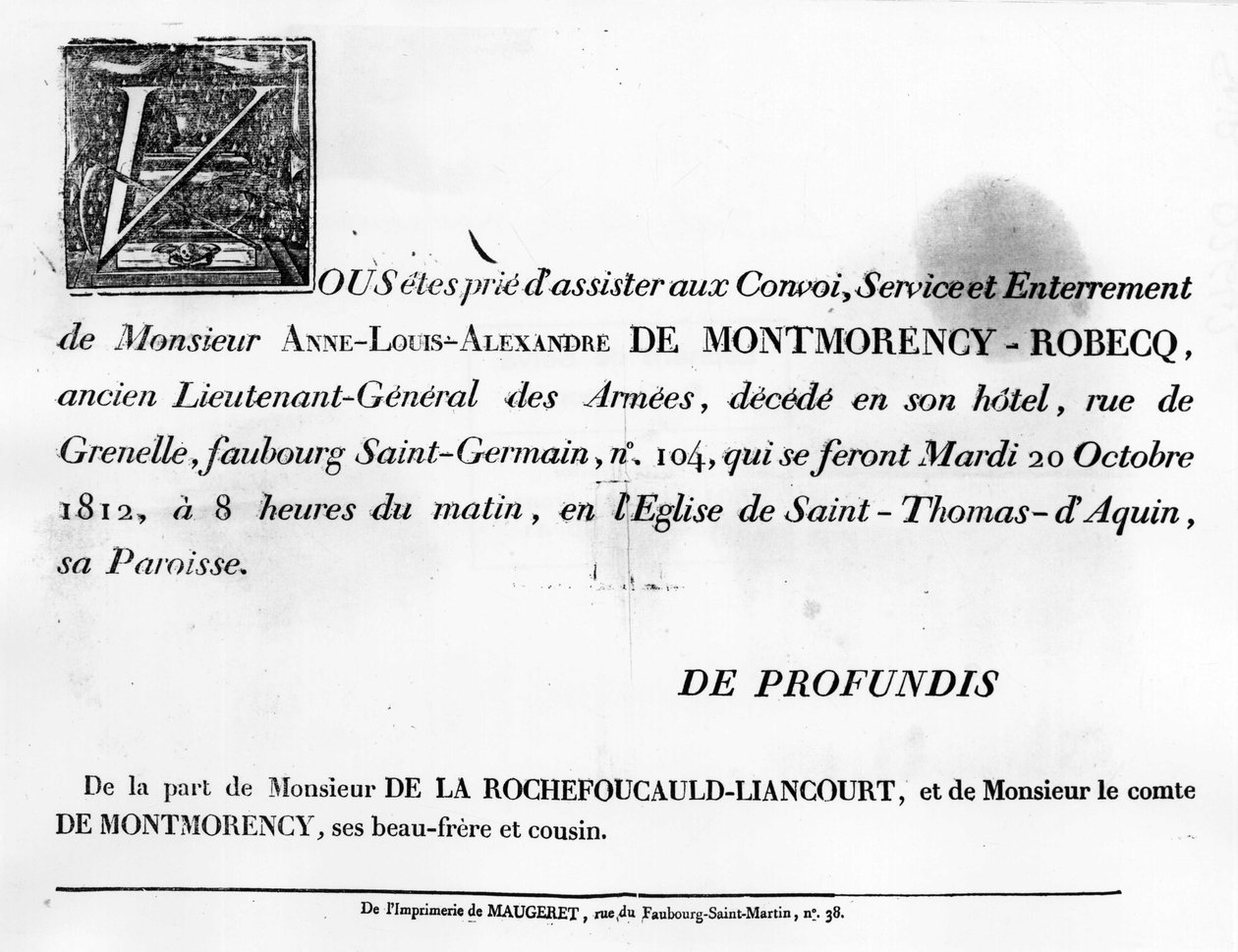 Aufruf zur Beerdigung von Alexandre de la Rochefoucauld - Familienarchiv von Unknown artist