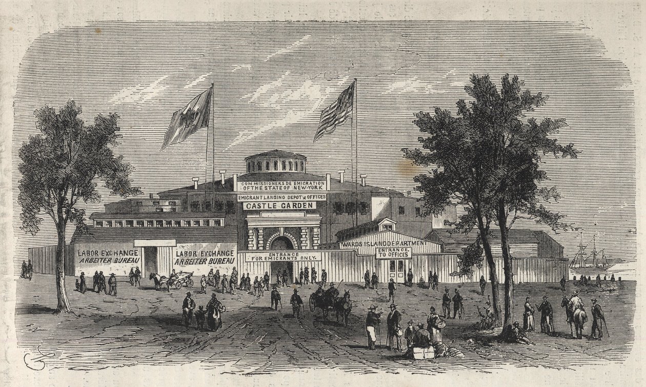Castle Garden Immigration Centre Depot - Castle Garden Emigrantendepot - New York State - Emigration Commission Establishment - Gravur in „Das illustrierte Universum“ von 1869 von Unknown artist
