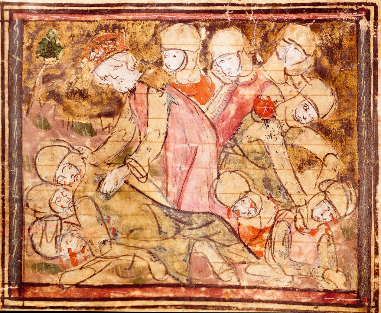 Karl der Große (742-814) findet den Leichnam seines Neffen Roland, der in der Schlacht von Roncesvalles starb. Miniatur aus „Große Chroniken von Frankreich“ 1375-1379 Stadtbibliothek, Castres von Unknown artist