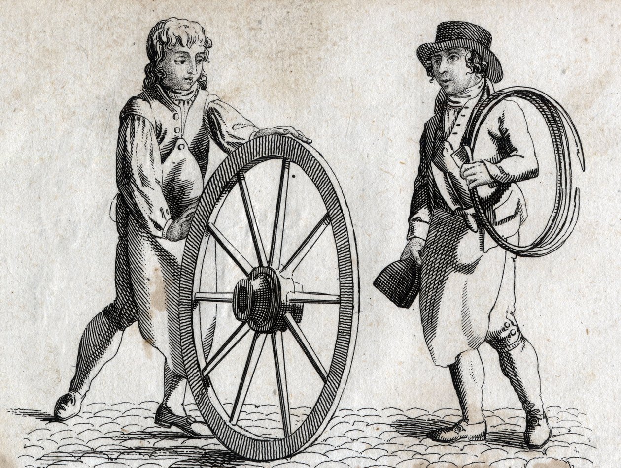 Wagner mit Wagenrad und Lehrling. Gravur späte 18. Jahrhundert. von Unknown artist