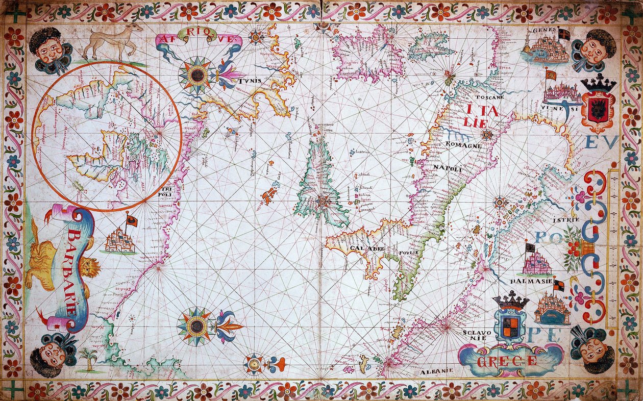 Karte des Mittelmeers, zeigt Italien und die nordafrikanische Küste von Unknown artist