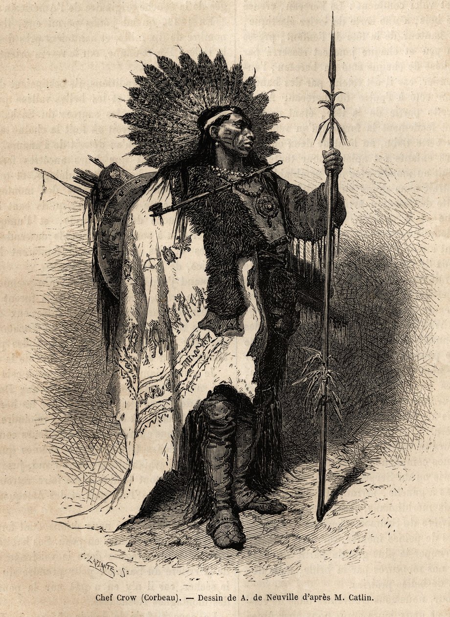 Häuptling Gelber Mokassin, vom Stamm der Crow-Indianer, lebt am Lewis River. Gravur zur Illustration eines Ausflugs unter die Indianerstämme der Becken von Kolumbien und Oberen Missouri, von G. Catlin, 1855, veröffentlicht in „Le tour du monde“ von Unknown artist