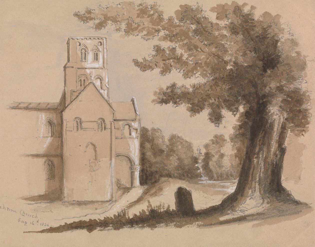 Kirche mit Baum und Grabstein im Vordergrund von Unknown artist