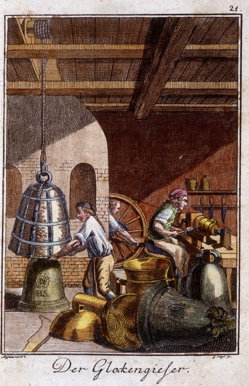Handwerk: der Glockenmacher in seiner Werkstatt. In „Umfassende Beschreibung der Künste und Handwerke und Werkstätten für junge Leute“ von Johan Peter Vue. Ed. Nürnberg, Weigel und Schneider von Unknown artist
