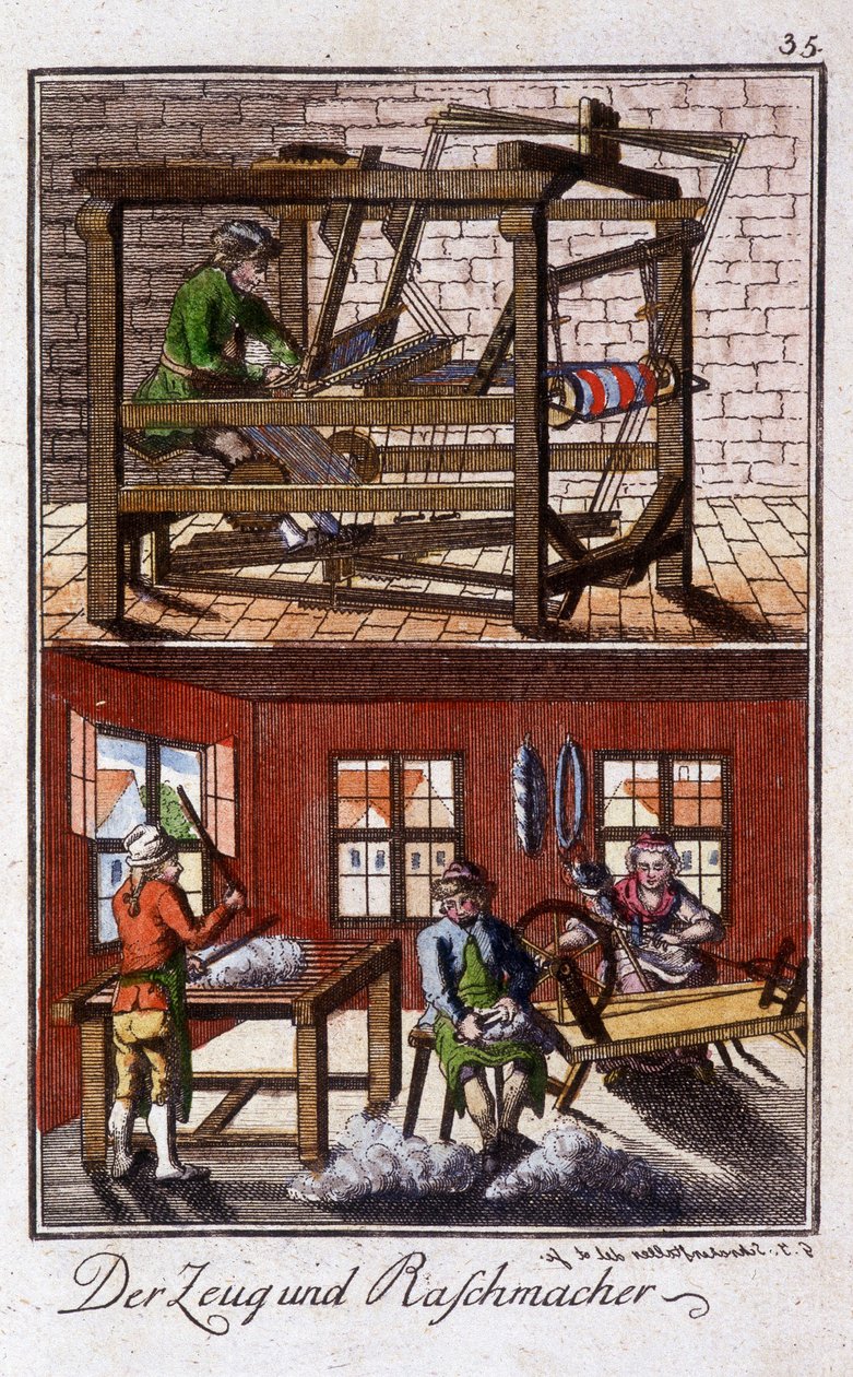 Handwerk: Weber in seiner Werkstatt. In „Umfassende Beschreibung der Künste und Handwerke und Werkstätten für junge Leute“ von Johan Peter Vue. Hrsg. Nürnberg, Weigel und Schneider von Unknown artist
