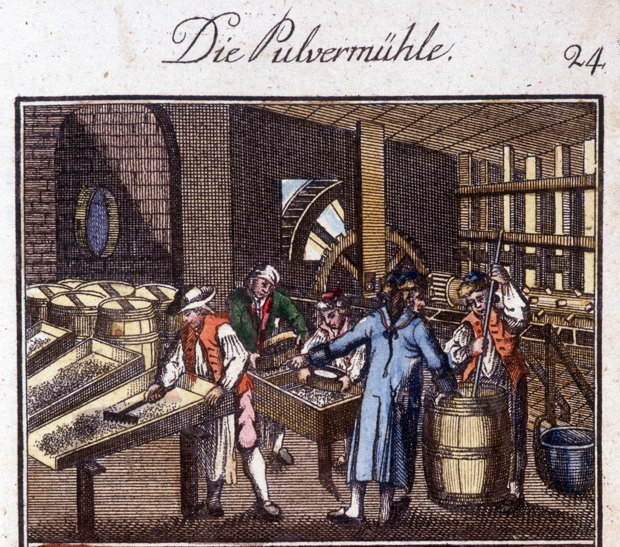 Handwerk: Pulvermacher in seiner Werkstatt. In „Umfassende Beschreibung der Künste und Handwerke und Werkstätten für junge Leute“ von Johan Peter Vue. Hrsg. Nürnberg, Weigel und Schneider von Unknown artist