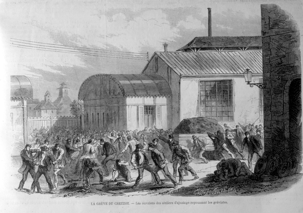 Streik in Creusot. Die Arbeiter der Anpassungswerkstätten wehren die Streikenden ab. Gravur 19. Jahrhundert. von Unknown artist