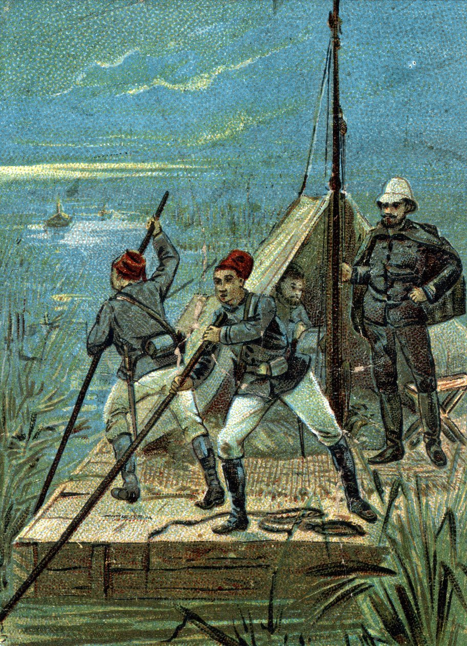 Überquerung der Sümpfe von Bahr el Ghazal in Afrika durch die Marchand-Mission im Jahr 1899. Liebig-Chromolithographie des 19. Jahrhunderts von Unknown artist
