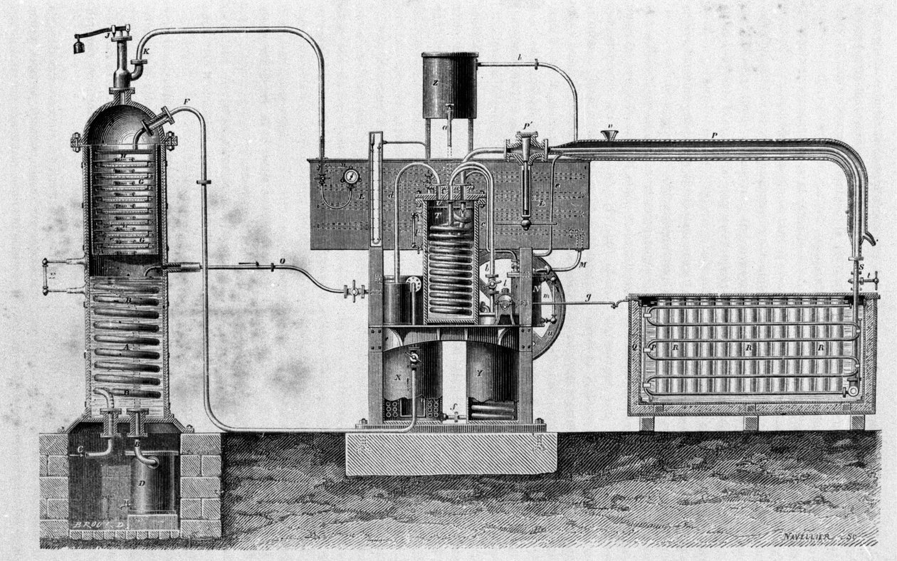 Schneiden der Industrieausrüstung zur Herstellung von Eis von Ferdinand Carré. Gravur des 19. Jahrhunderts von Unknown artist