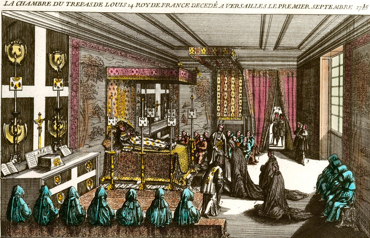Tod von König Ludwig XIV.: die Totenstube von Ludwig XIV. (1638-1715), bekannt als Sonnenkönig, verstorben in Versailles am 1.09.1715. Gravur des 18. Jahrhunderts, Privatbesitz von Unknown artist