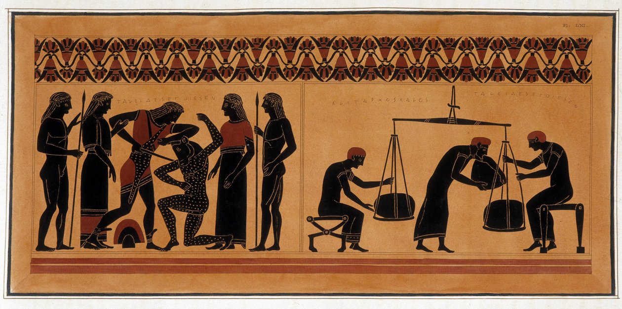 Niederlage des Minotaurus durch Theseus - „Gemälde antiker Vasen, gemeinhin etruskisch genannt“, aus verschiedenen Sammlungen entnommen und von A. Clener graviert, begleitet von Erklärungen von A.L. Millen. Von Dubois-Maisonneuve. Bibliothek von Maisons Al von Unknown artist
