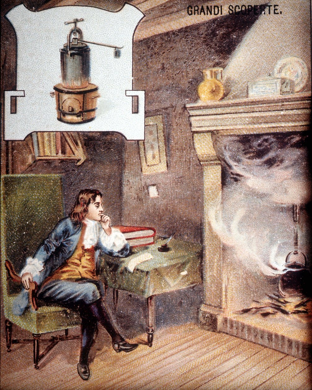 Denis Papin (1647 - 1714) erfindet den Topf. (Vorfahre des Schnellkochtopfs) Chromolithographie des 19. Jahrhunderts. von Unknown artist