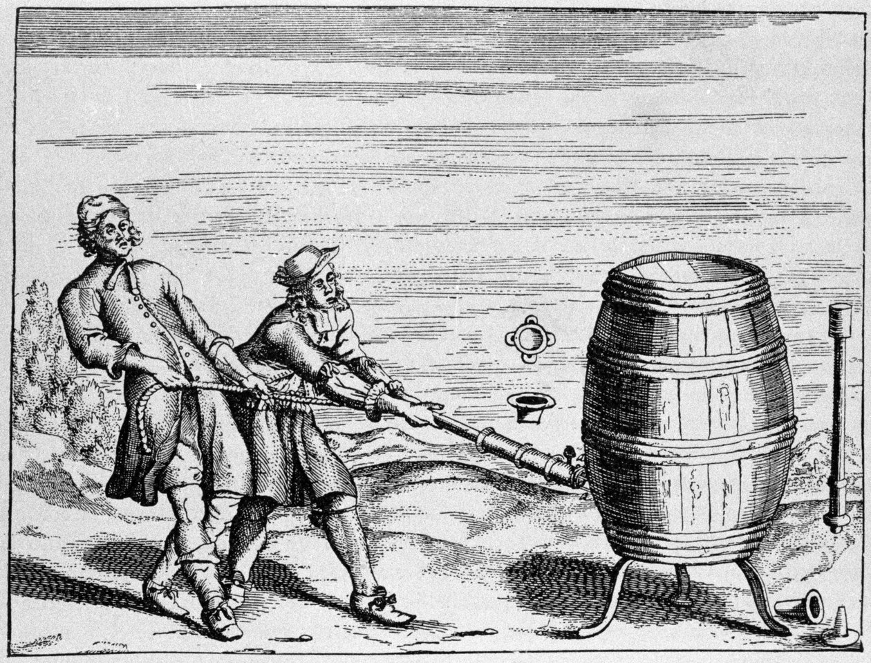 Experiment durchgeführt vom deutschen Wissenschaftler Otto von Guericke zur Berechnung des atmosphärischen Drucks. Tafel aus „Ottonis de Guericke: Experimenta Nova Magdeburgica de vacuo spatio“ von Otto von Guericke von Unknown artist
