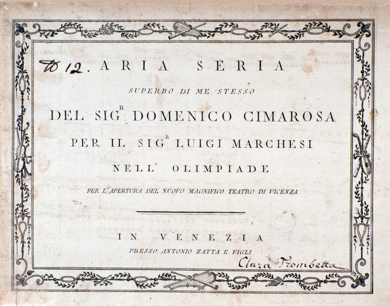 Erste Seite der Partitur von Aria Seria von Domenico Cimarosa von Unknown artist