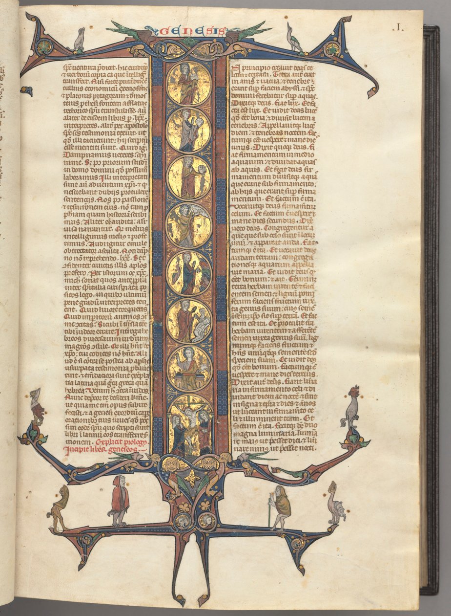 Fol. 1r, Genesis, mit einer ganzseitigen historisierten Initiale I, die die Schöpfung und die Kreuzigung zeigt, alles auf polierten Goldgründen, mit rosa und blauen Rahmen und gezackten Drachen- und Laubverlängerungen oben und unten, auf denen eine Vari von Unknown artist