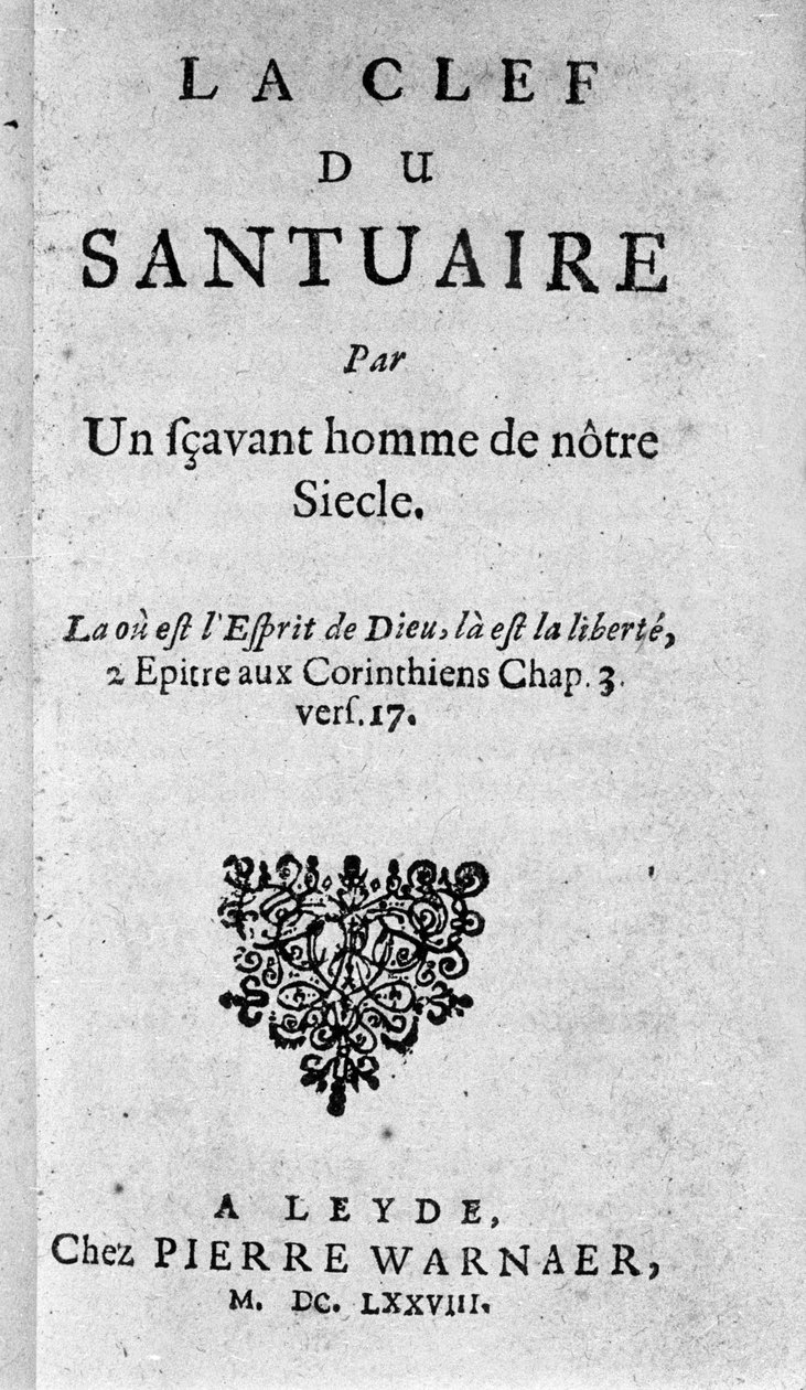Frontispiz von "Der Schlüssel zum Heiligtum" von Baruch Spinoza (1632-1677), niederländischer Philosoph, auch bekannt als Bento de Espinosa oder Benedictus de Spinoza oder Benoit de Spinoza. 1678 von Unknown artist
