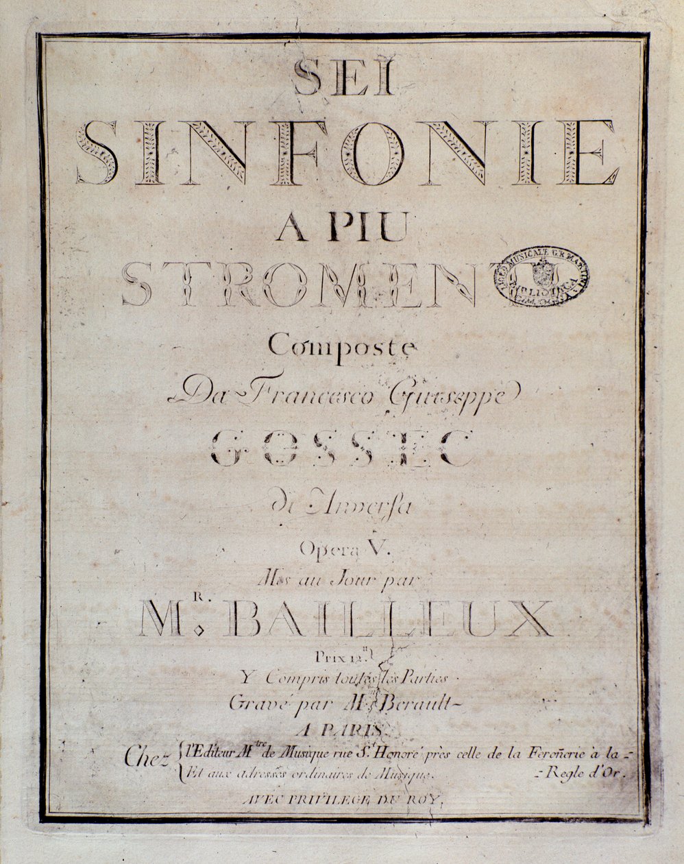 Frontispiz der Partitur für Sei sinfonie a piu strumenti op. 5 (erste Symphonie) von Francois Joseph Gossec von Unknown artist