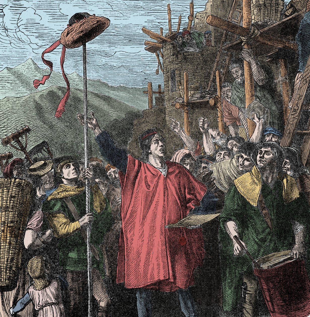 Gesslers Hut - Landvogt Hermann Gessler errichtet einen Pfosten in Altdorf und hängt seinen Hut daran, um die Einwohner zum Verbeugen zu zwingen. Wilhelm Tell von Unknown artist