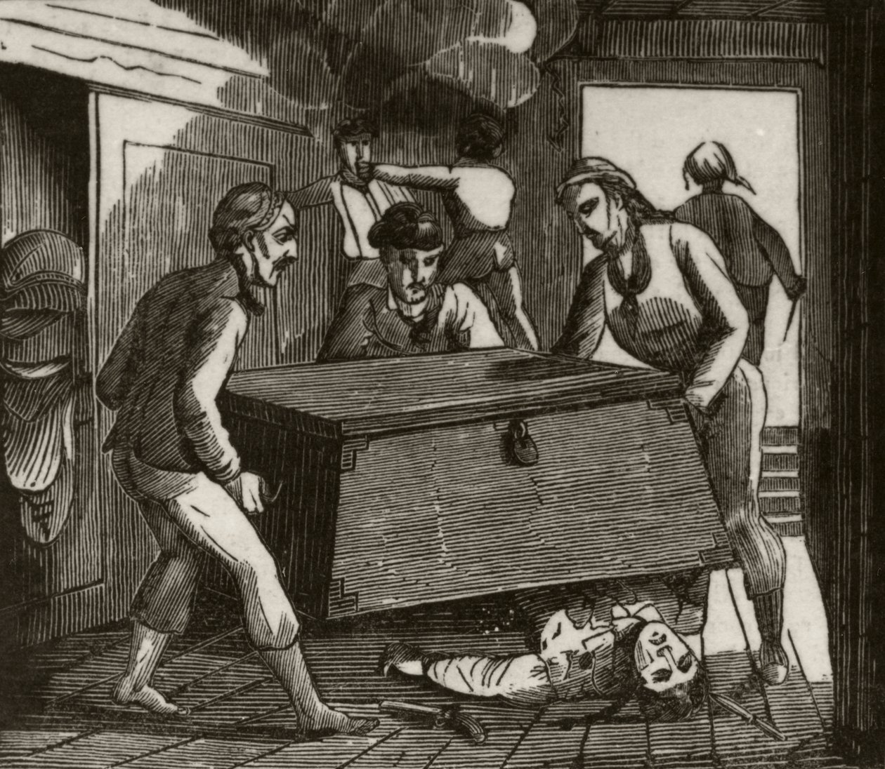 Gordon und seine Gefährten drücken den französischen Kapitän mit einer großen Truhe zu Tode, ca. 1836 von Unknown artist