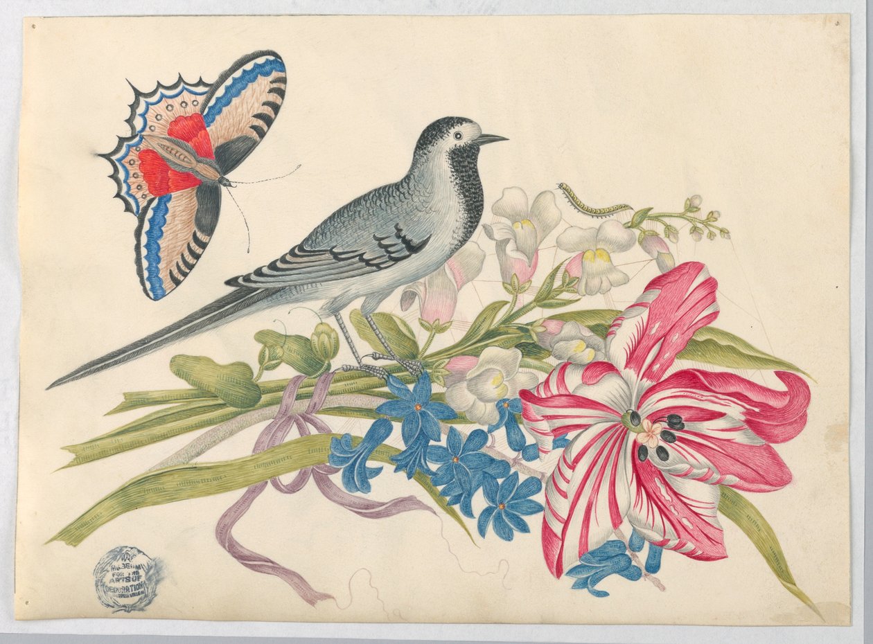 Grauer Vogel auf Zweig mit Tulpe, Löwenmäulchen und Vergissmeinnicht mit Schmetterling von Unknown artist