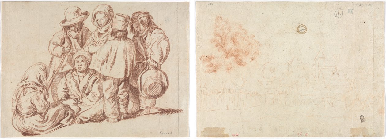 Gruppe von sechs Kindern (recto); Skizze eines Dorfes (verso) von Unknown artist