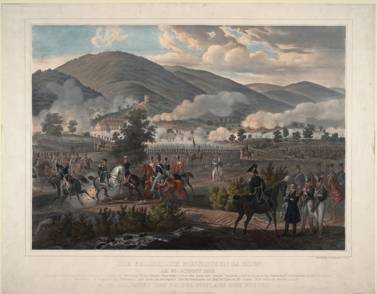 Napoleonische Kriege: Die Schlacht von Kulm (heutiges Chlumec) in Böhmen (Tschechische Republik) am 30.08.1813 - Russisches Leibgarde-Regiment in der Schlacht von Kulm am 29. August 1813 - Anonym - ca. 1813 - Farblithographie von Unknown artist