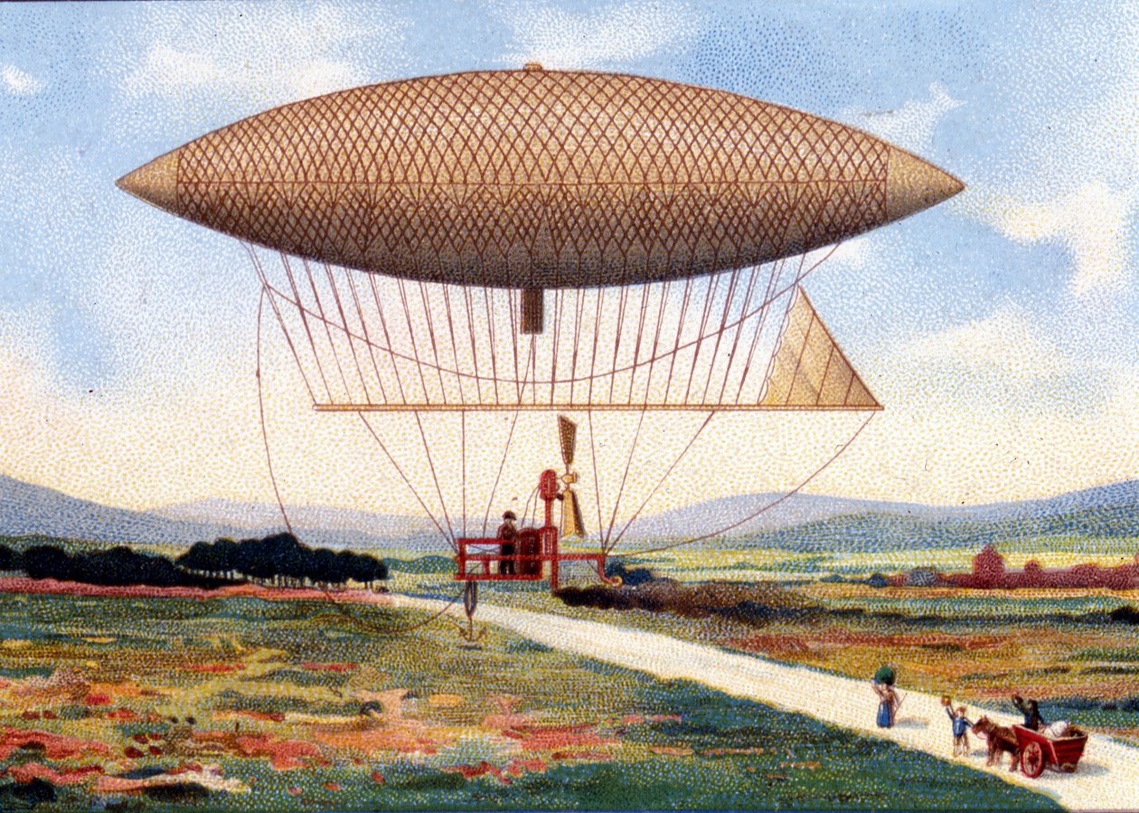 Henry Giffards Luftschiff (1825 - 1882). 1851. Chromolithographie des späten 19. Jahrhunderts. von Unknown artist