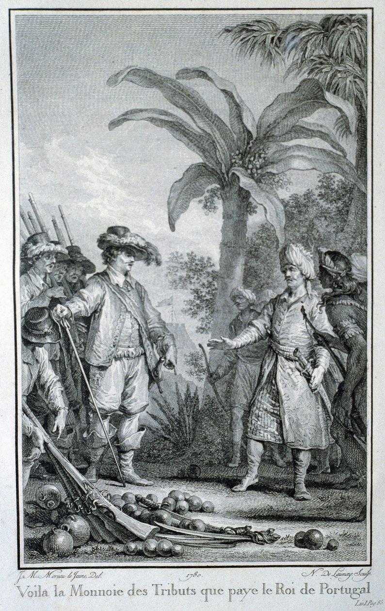 Hier ist die Währung der Tribute, die der König von Portugal zahlt: Handel der Portugiesen in den Kolonien - in „Histoire philosophique et politique des établissements et du commerce des européens dans les deux Indes“ von Guillaume Thomas Raynal, ed. Pelle von Unknown artist