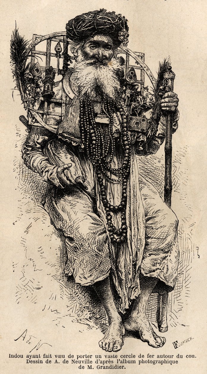 Ein Hindu, der sich verpflichtet hat, einen großen Eisenring um den Hals zu tragen. Gravur zur Illustration der Reise in die südlichen Provinzen Indiens, von Alfred Grandidier, 1862-1864, veröffentlicht in „Le tour du monde“, unter der Leitung von Edouard  von Unknown artist