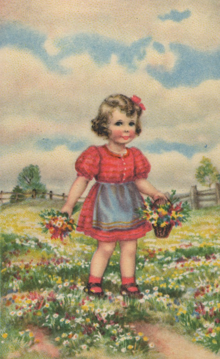 Historische Postkarte mit einem glücklichen Mädchen auf der Wiese, Grußkarte von Unknown artist